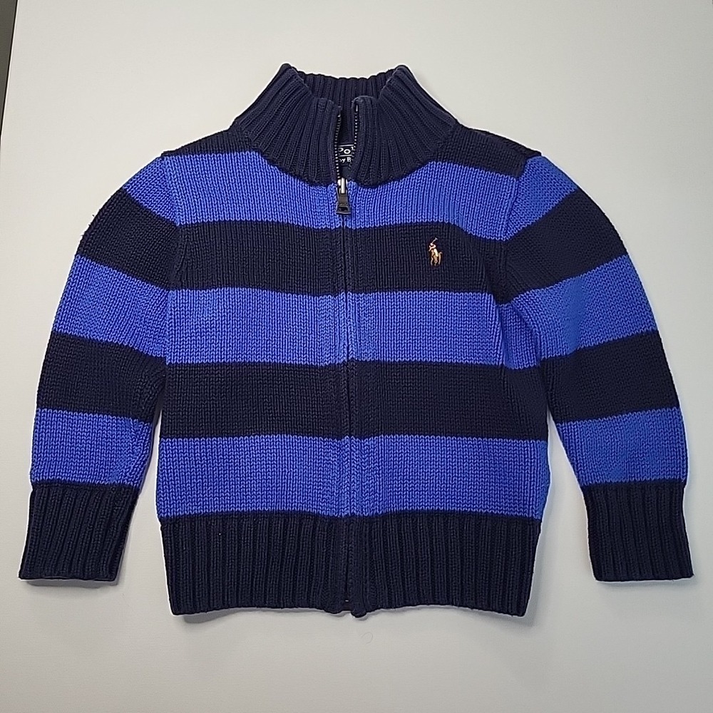 POLO by Ralph Lauren Navy/Blue Striped Full Zip Sweater 100% Cotton Size 2/2T